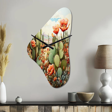 Coral Green Cactus Desert Blooms Pointillism III - Asymmetric Metal Wall Clock